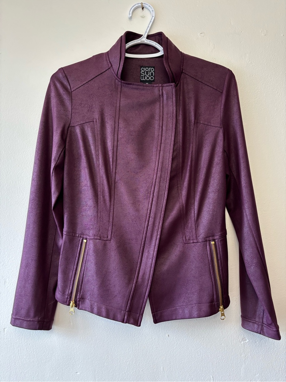 Clara Sun Woo Liquid Leather Moto Jacket Burgundy Gold Zip XS